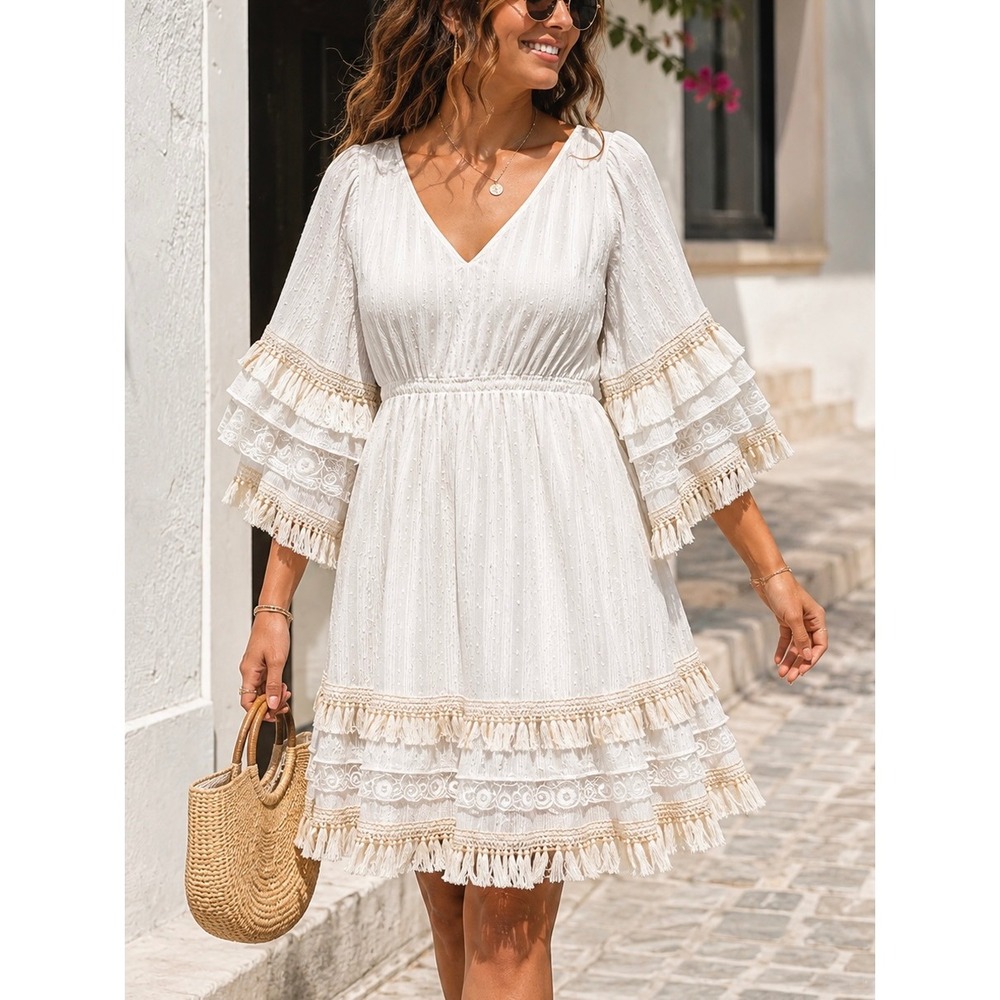 Zury White Boho Tassel Lace Ruffle Dress Gold Stripe Viscose Free Size